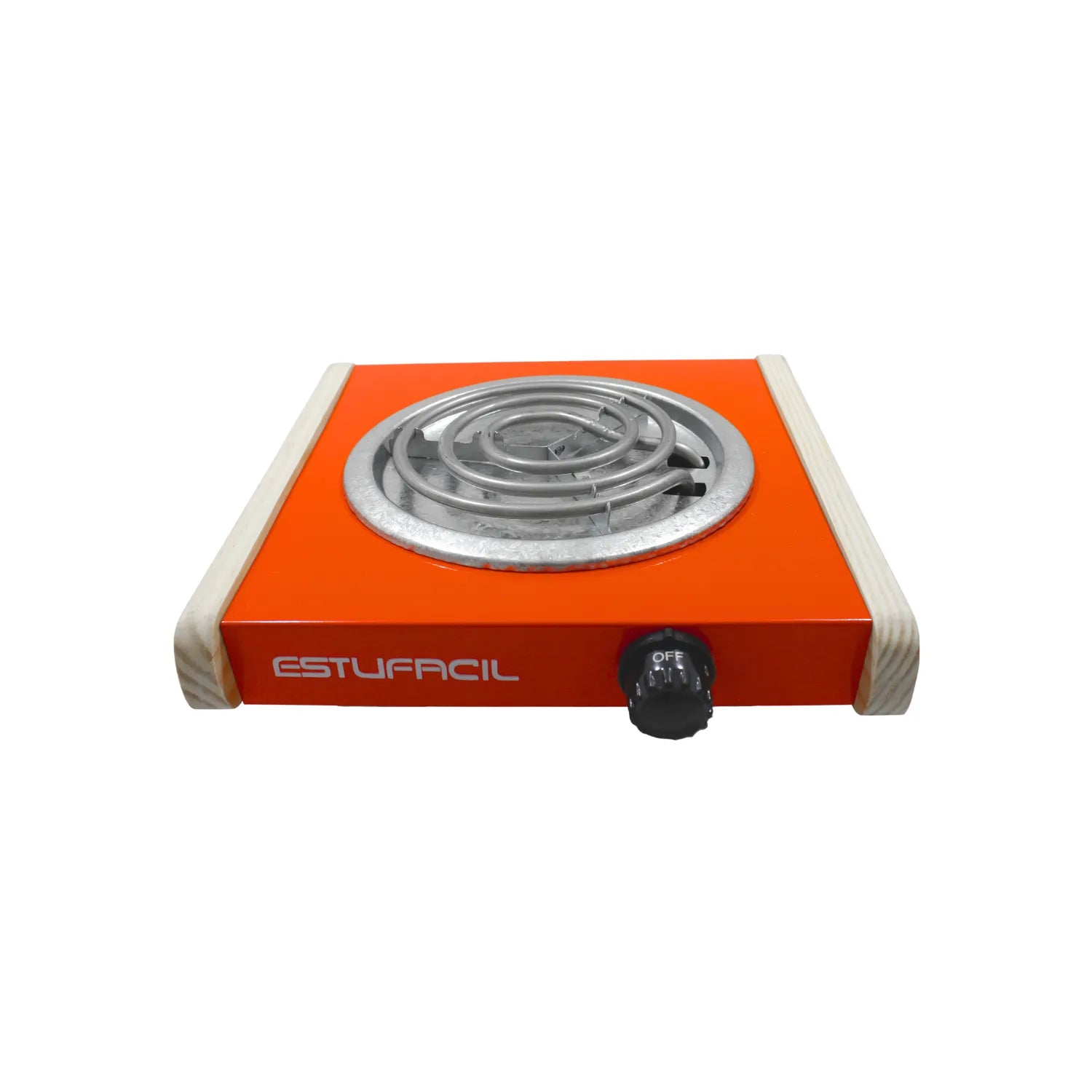 Parrilla eléctrica 1 quemador Estufacil color naranja con laterales de madera y perilla de control de temperatura