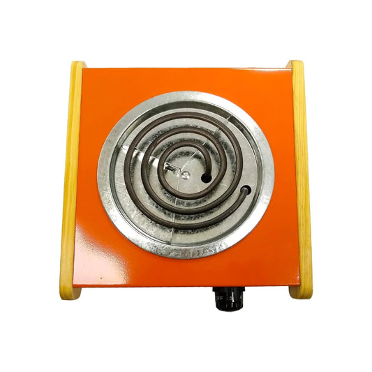 Parrilla eléctrica compacta de 1 quemador, base naranja brillante y laterales de madera clara