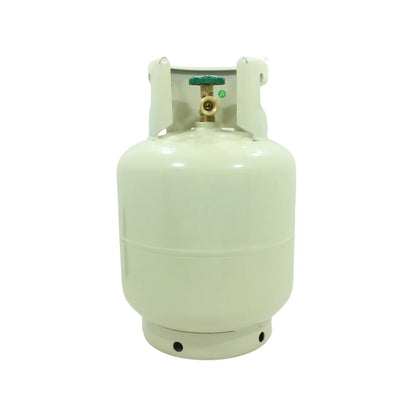 Tanque de gas LP color crema con válvula verde y asa protectora para distribución doméstica