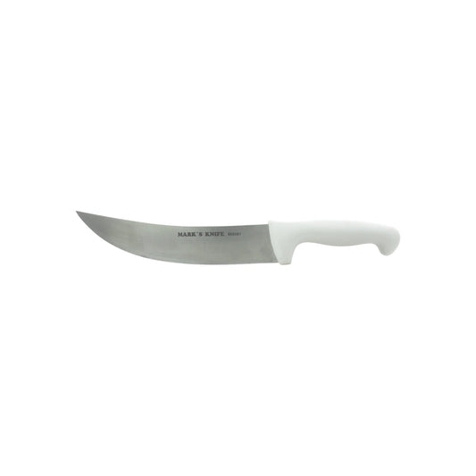 Cuchillo carnicero profesional Mark's Knife 666001 de 8 pulgadas con hoja curva de acero y mango blanco