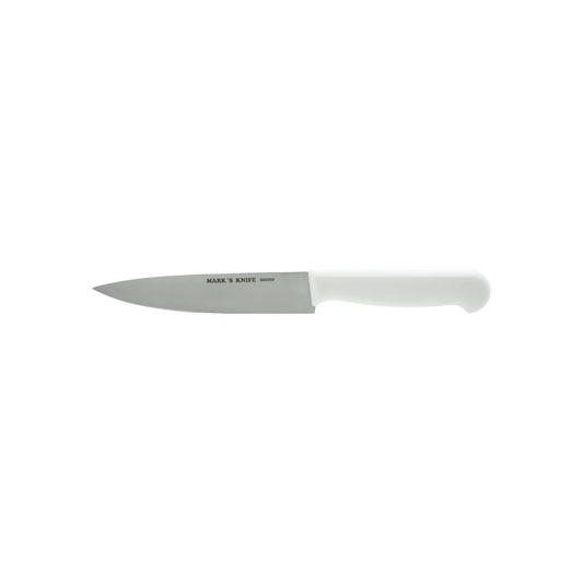Cuchillo de utilidad profesional Mark's Knife 666009 con hoja de acero inoxidable y mango blanco.