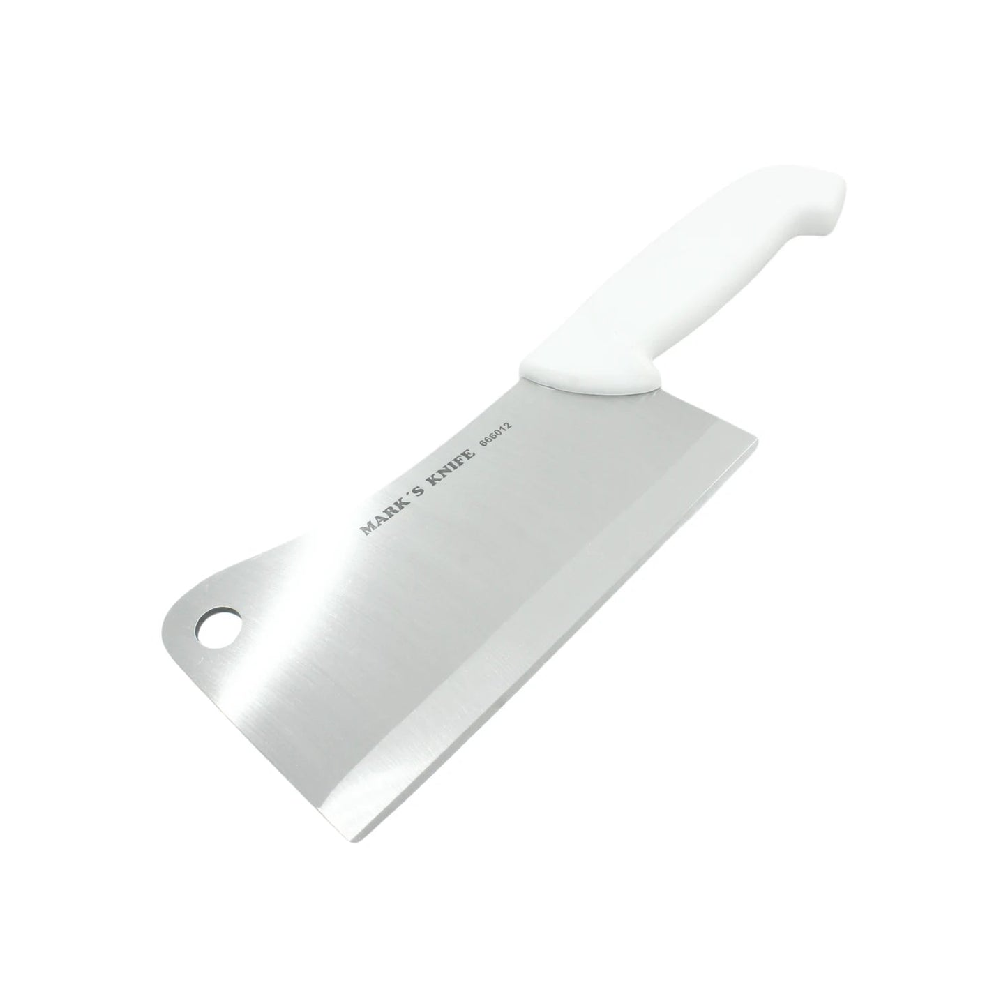 Cuchillo cleaver profesional Mark's Knife con hoja ancha de acero inoxidable y mango blanco ergonómico