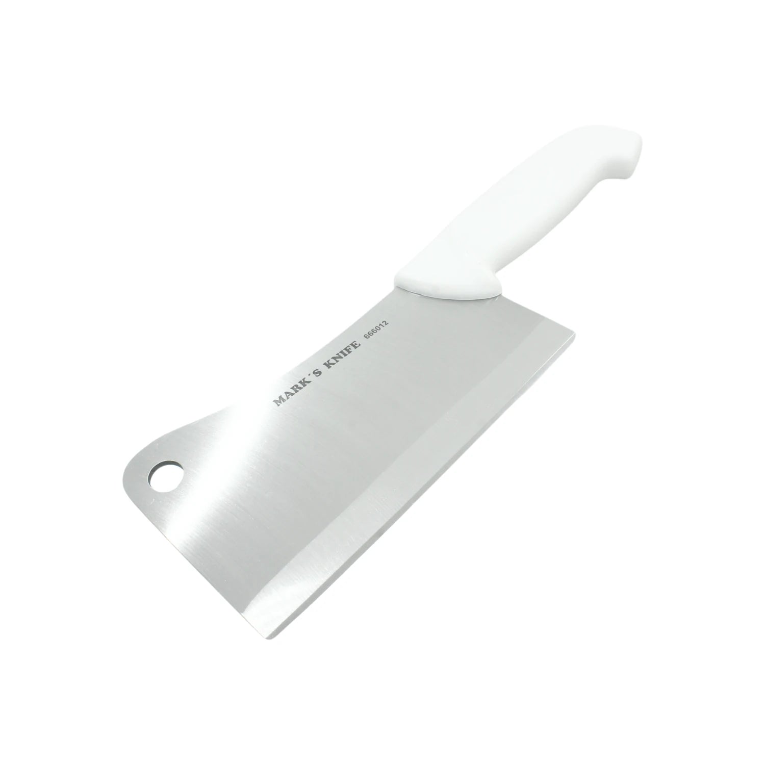 Cuchillo cleaver profesional Mark's Knife con hoja ancha de acero inoxidable y mango blanco ergonómico