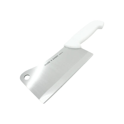 Cuchillo cleaver profesional Mark's Knife con hoja ancha de acero inoxidable y mango blanco ergonómico