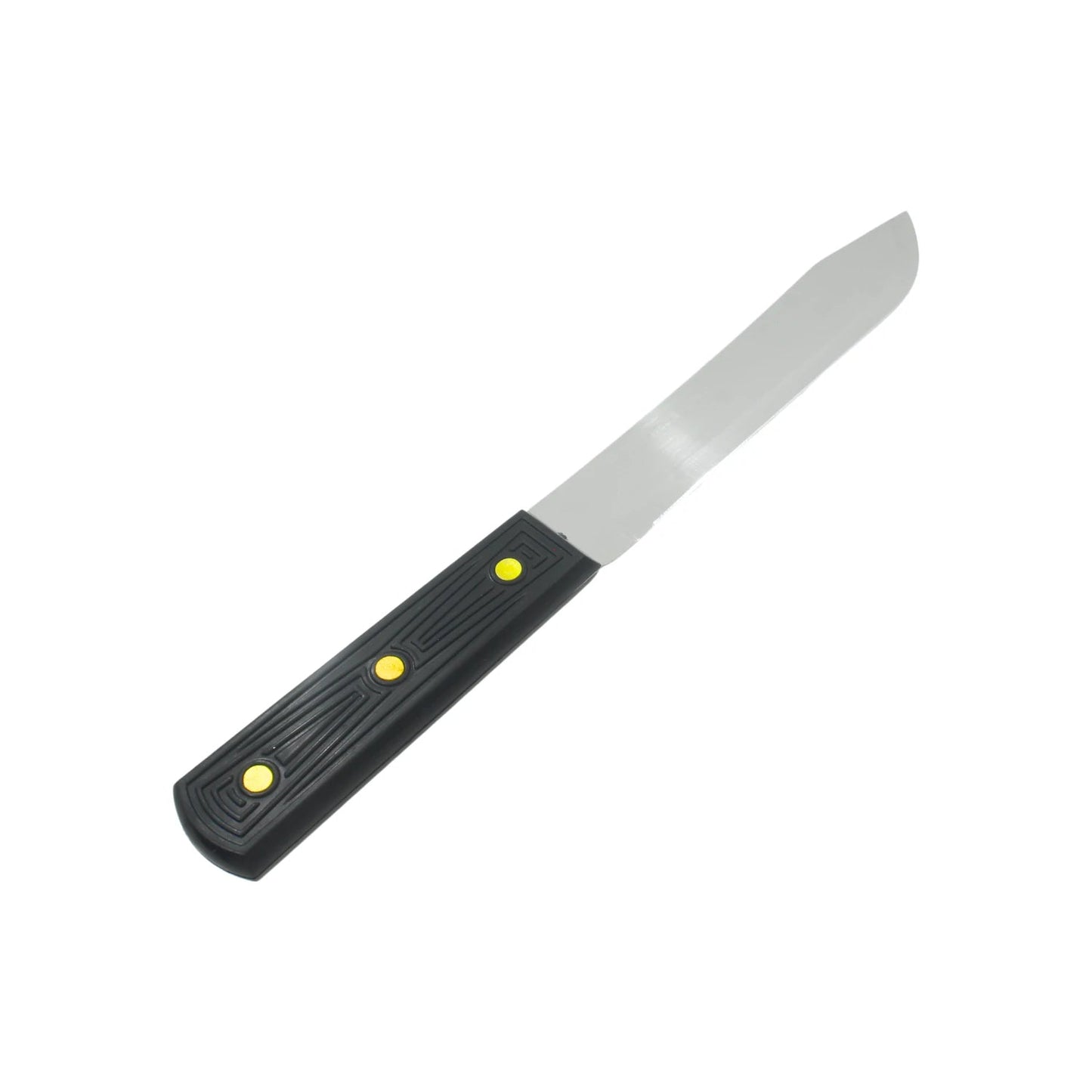 Cuchillo multiusos con hoja de acero inoxidable brillante, mango antideslizante negro de plástico y tres remaches amarillos.