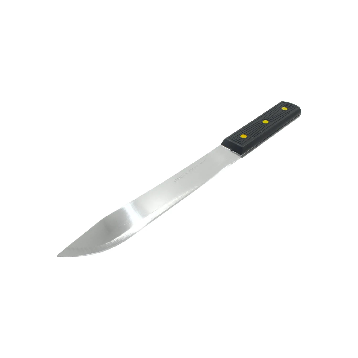 Cuchillo de ferretería con hoja de acero inoxidable, mango de plástico negro y remaches amarillos, marca Mark's Knife