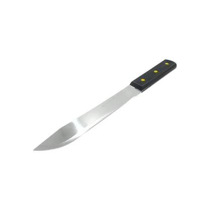 Cuchillo de ferretería con hoja de acero inoxidable, mango de plástico negro y remaches amarillos, marca Mark's Knife