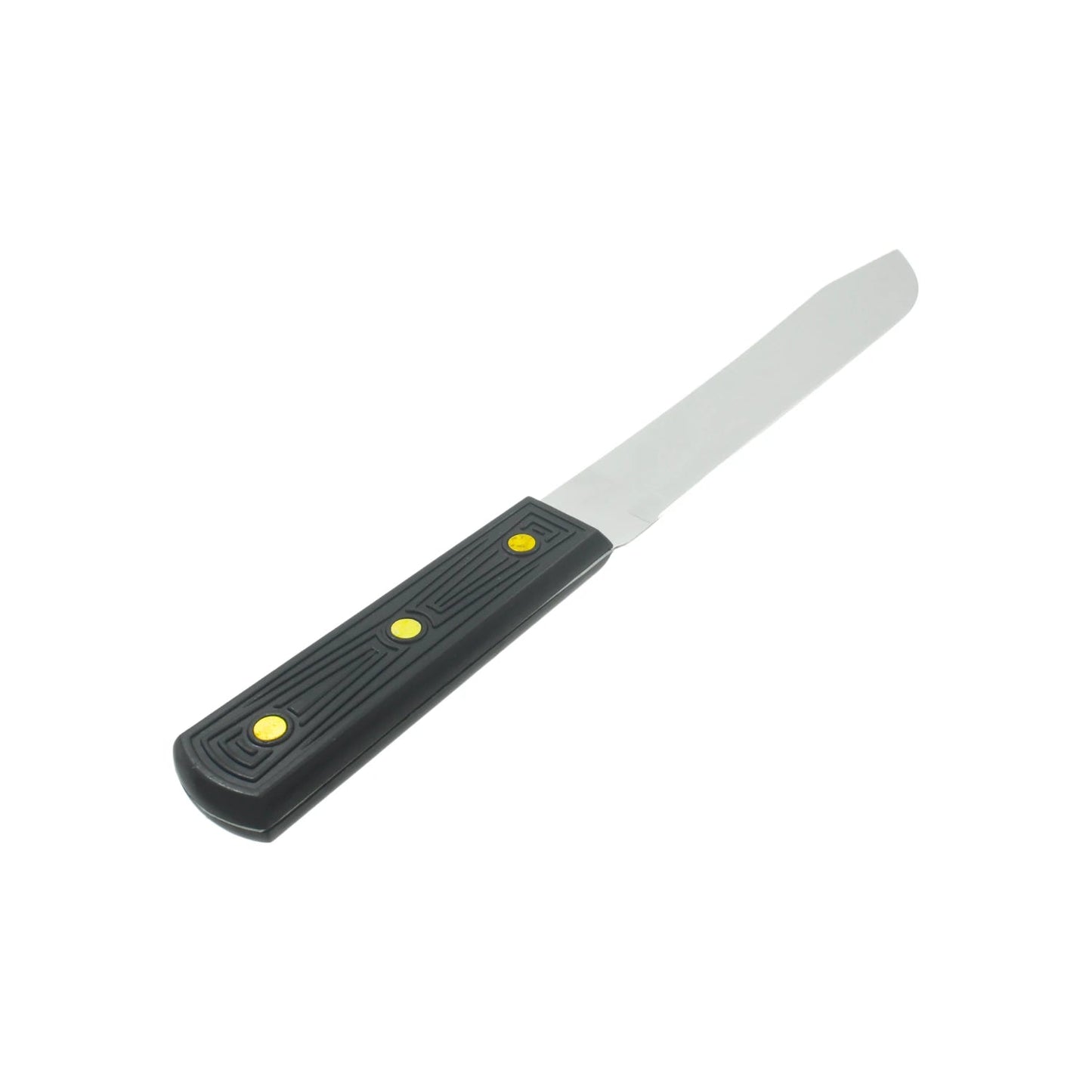 Cuchillo de espátula hoja plana metálica mango plástico negro ergonómico remaches amarillos