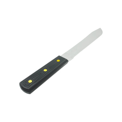 Cuchillo de espátula hoja plana metálica mango plástico negro ergonómico remaches amarillos