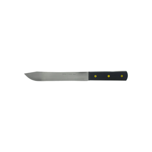 Cuchillo cebollero Mark's Knife 8 pulgadas, hoja de acero inoxidable, mango de plástico negro con remaches amarillos