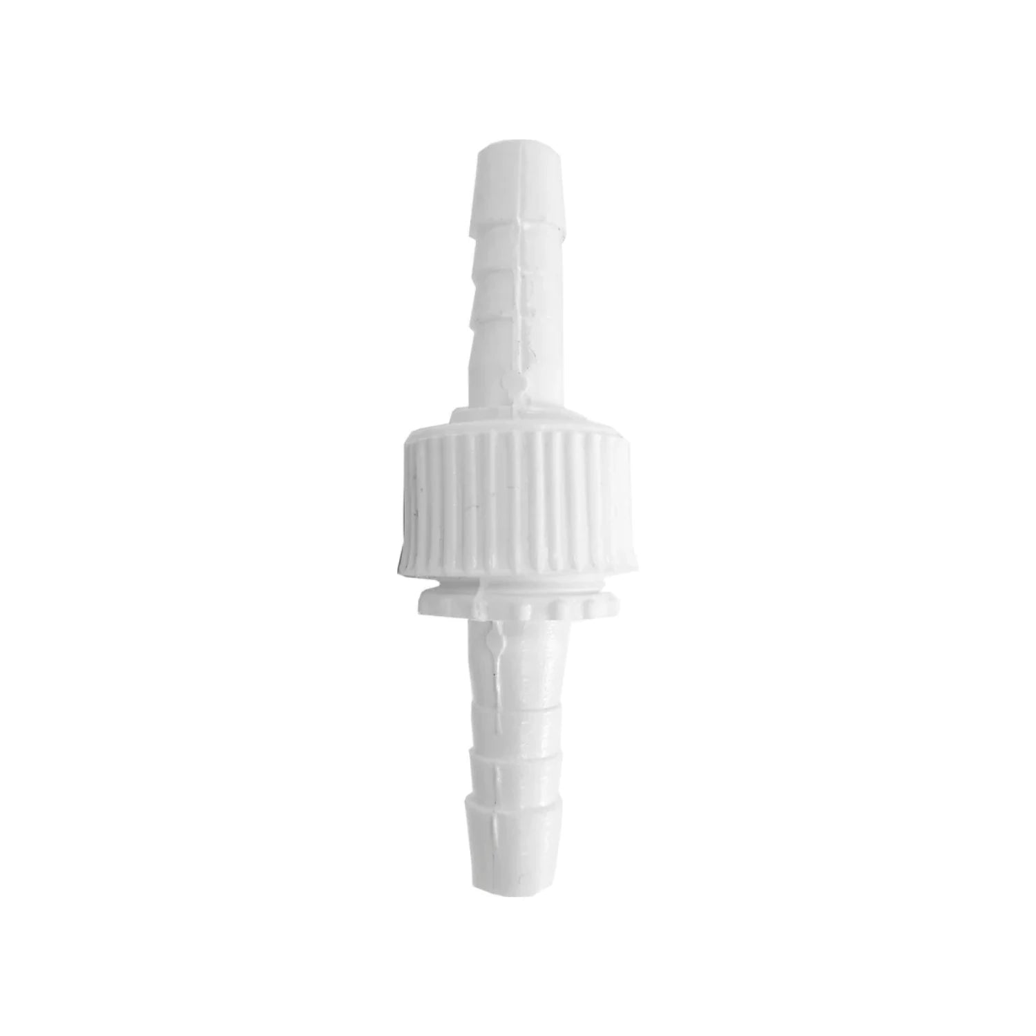 Válvula retención manguera PVC blanca, extremos de espiga para acoples de agua y riego.