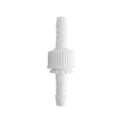 Válvula retención manguera PVC blanca, extremos de espiga para acoples de agua y riego.