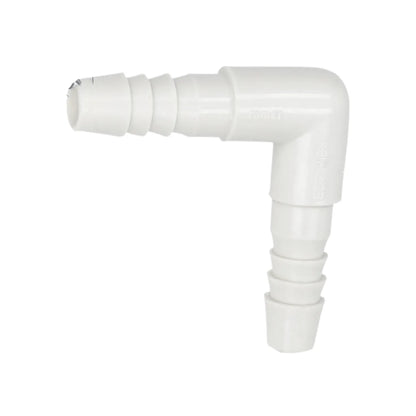 Codo de plástico blanco 90 grados con espigas para manguera, conector estriado para unión de tubería flexible