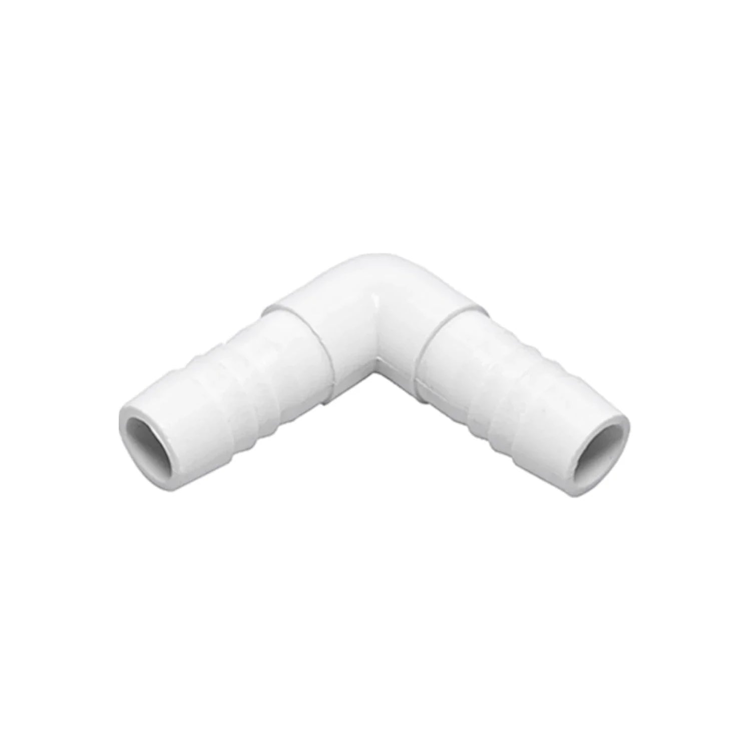 Codo de plástico blanco 90 grados con espigas para manguera de 1/2 pulgada (13mm) para riego o fontanería.