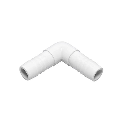 Codo de plástico blanco 90 grados con espigas para manguera de 1/2 pulgada (13mm) para riego o fontanería.
