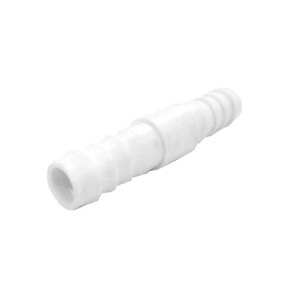 Niple unión de plástico blanco 3/8" para manguera, acople recto con doble púa para conexiones de plomería