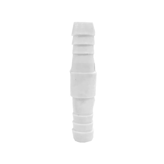 Niple unión de plástico blanco 3/8" para mangueras, conector estriado recto