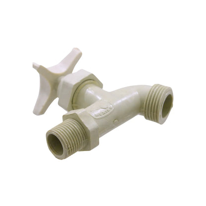 Llave de nariz plástica color crema con maneral de estrella y salida roscada para manguera de jardín.
