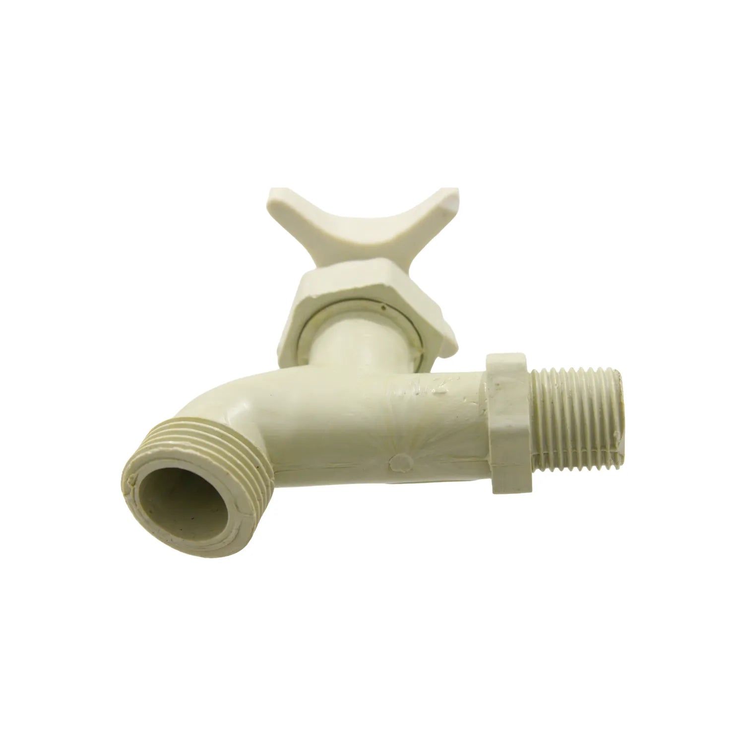 Llave de jardín plástica color beige con manija tipo mariposa y conexiones roscadas para exterior.