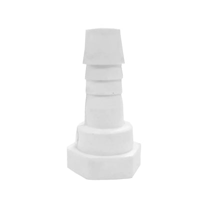 Conector plástico blanco tipo espiga para manguera, con base hexagonal de ajuste