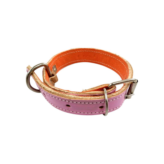 Collar de perro grande ajustable, cuero rosa con forro naranja, hebilla y argolla metálica para correa