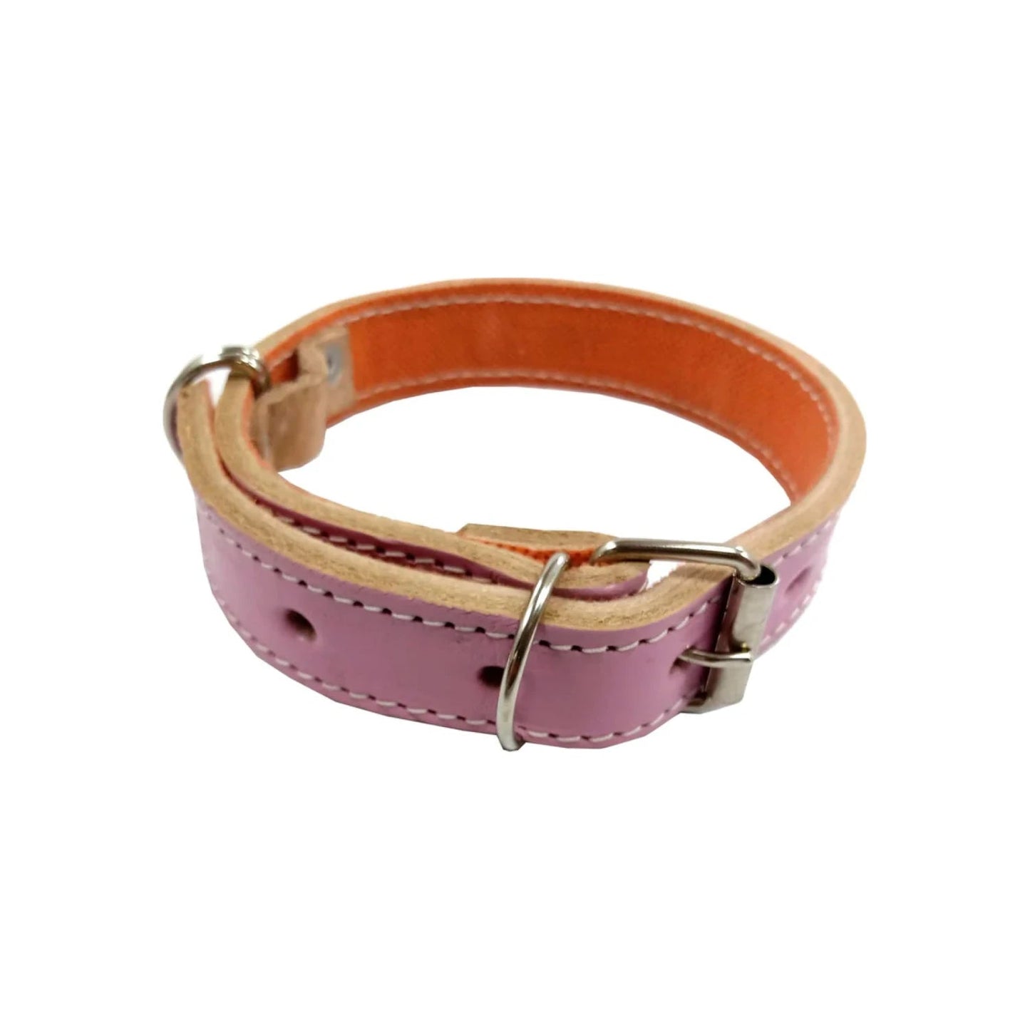 Collar para perro mediano de cuero rosa y naranja, ajustable con hebilla metálica y argolla para correa