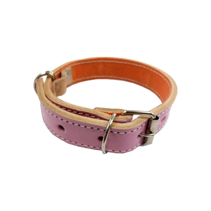 Collar para perro mediano de cuero rosa y naranja, ajustable con hebilla metálica y argolla para correa