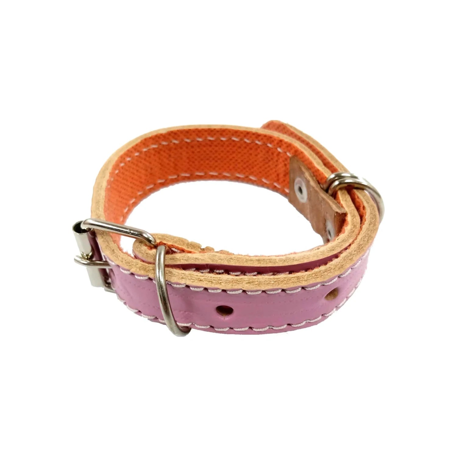 Collar ajustable para perro chico rosa, naranja y cuero, con hebilla y argolla metálicas