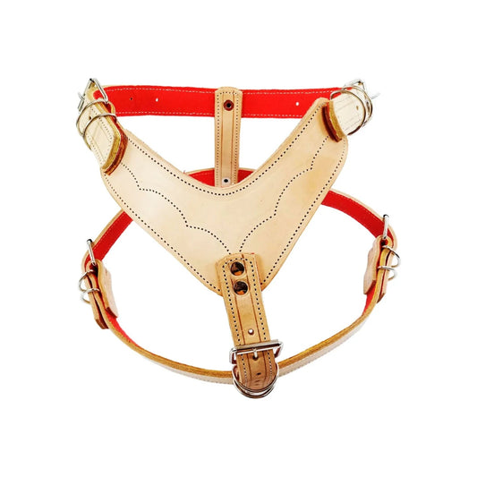 Pechera para perro de cuero natural beige con forro rojo, costuras decorativas y hebillas ajustables