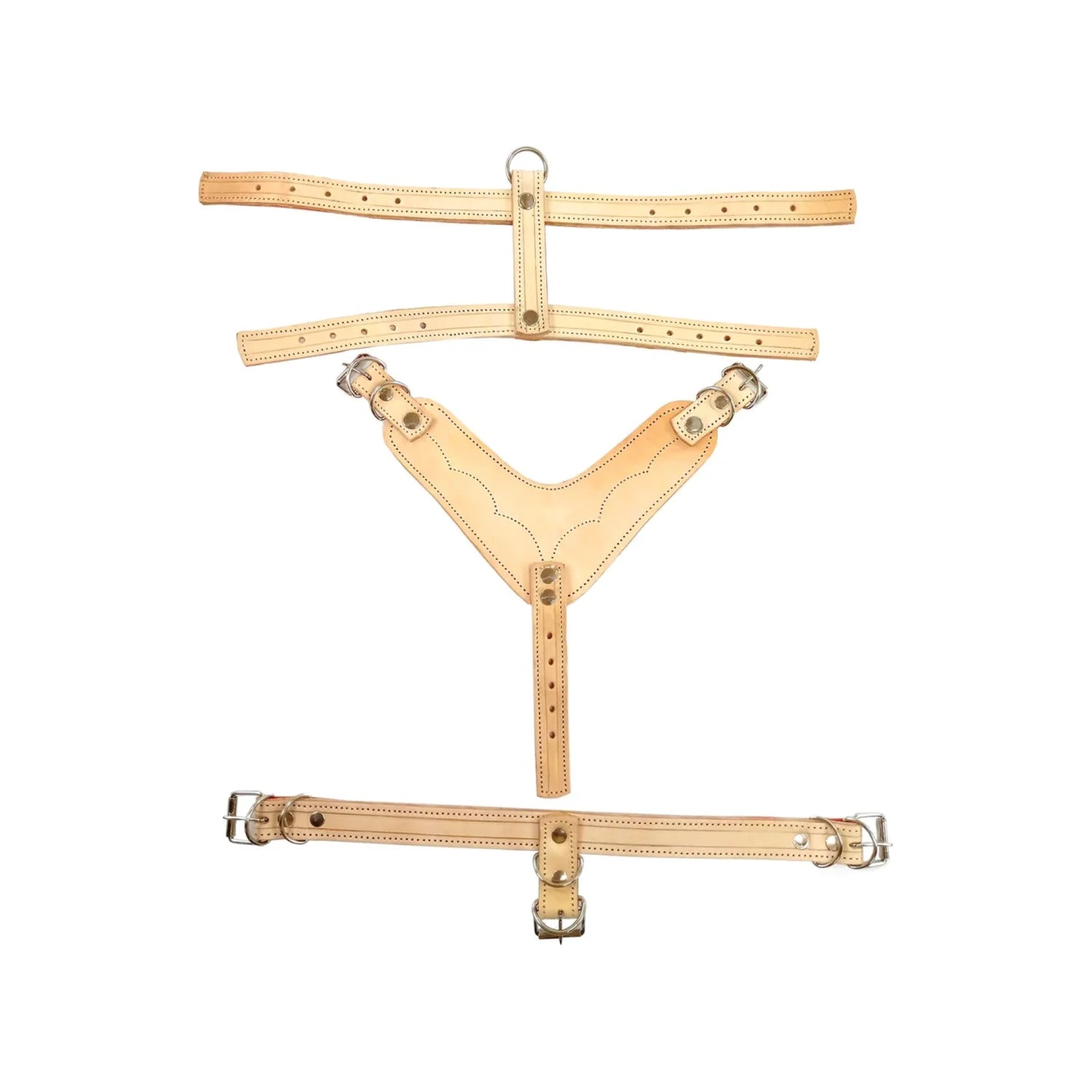 Pechera de cuero natural mediana con correas ajustables, hebillas y anillas metálicas para perro o trabajo