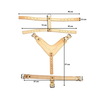 Pechera de cuero color natural, tamaño mediano, con correas y hebillas desmontadas, mostrando medidas detalladas de 46, 45, 13, 27, 37 cm.