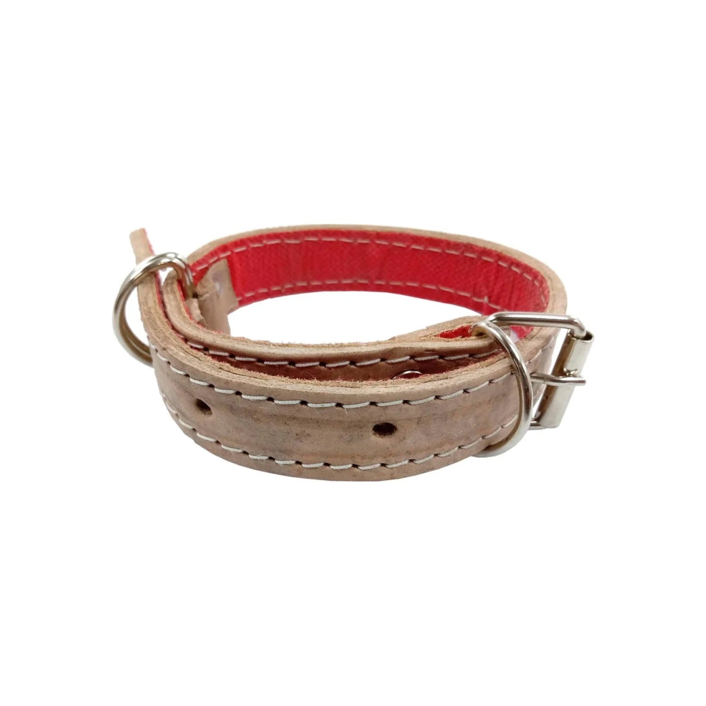 Collar para perro de cuero beige con forro rojo, hebilla metálica y argolla para correa, ajustable