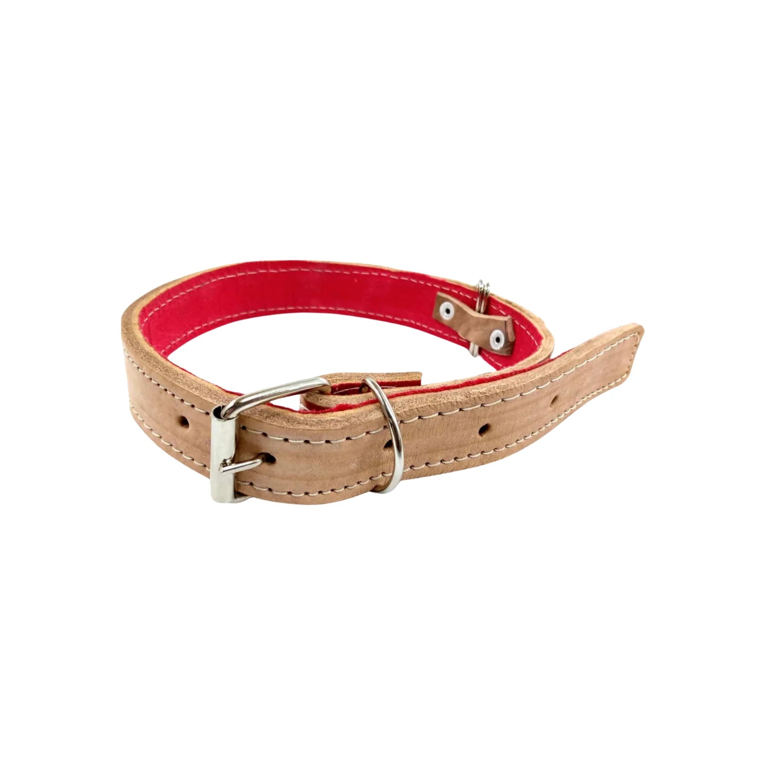 Collar para perro extra grande de cuero natural, forro rojo, hebilla y argolla metálicas resistentes.