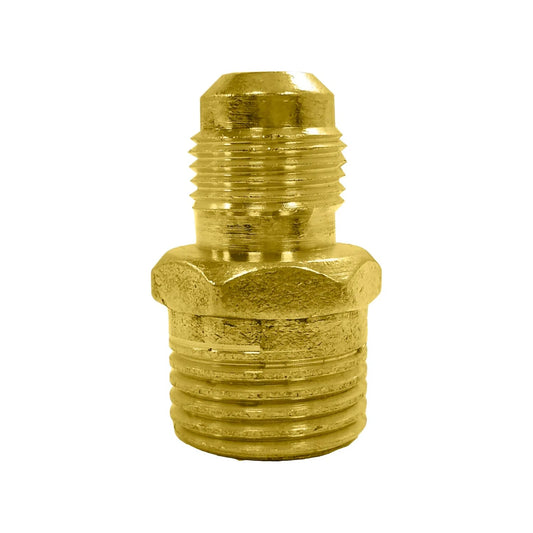 Niple adaptador de latón, conexión macho flare a macho rosca NPT para fontanería o refrigeración.