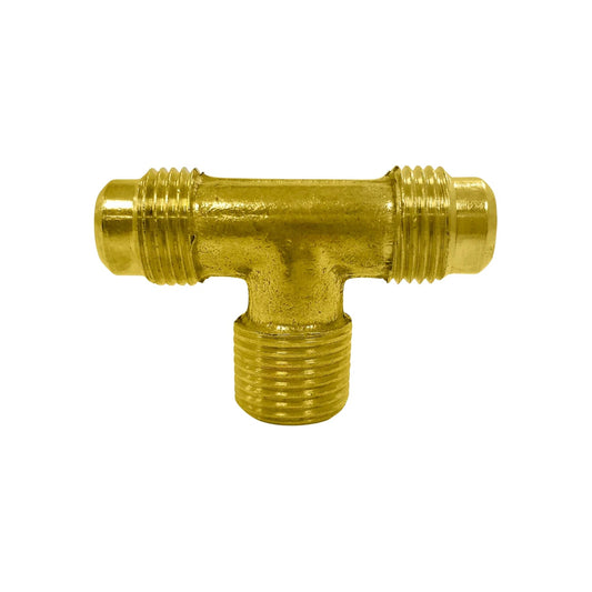 Conector tee de latón para gas 3/8 pulg. con dos uniones abocinadas y una rosca macho
