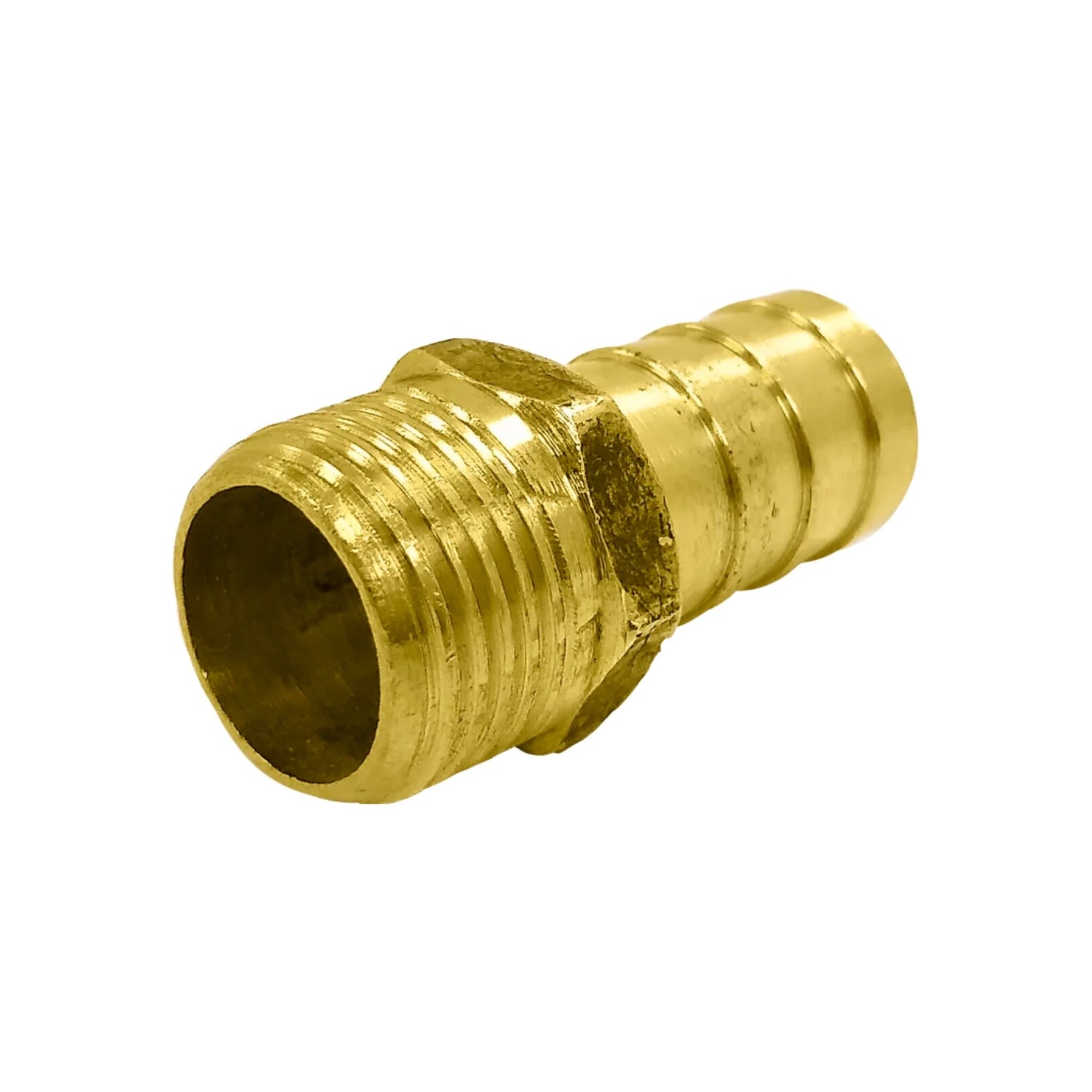 Conector adaptador macho de latón para poliducto 1/2", rosca exterior y espiga para manguera