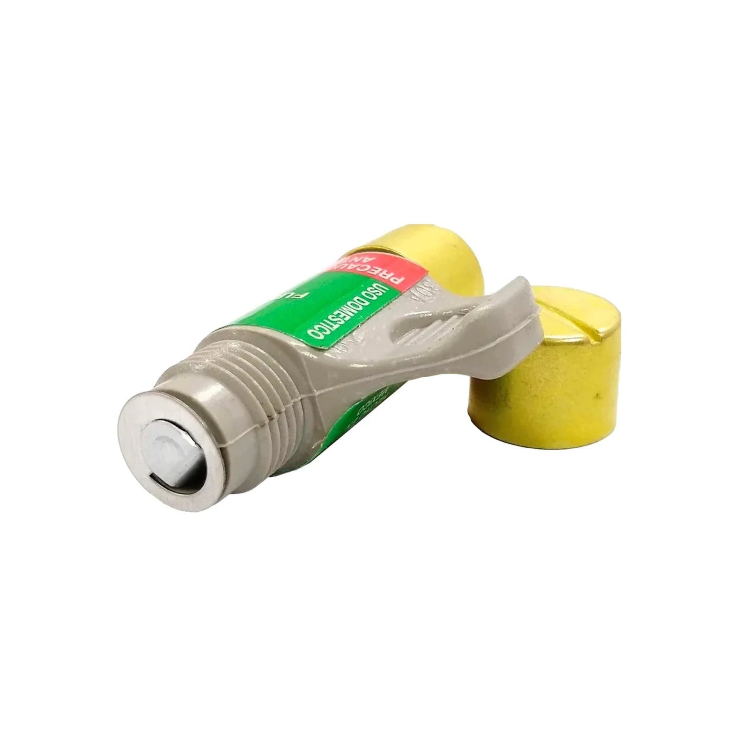 Fusible de 30 amperes con agarradera para protección eléctrica doméstica, color amarillo y gris.