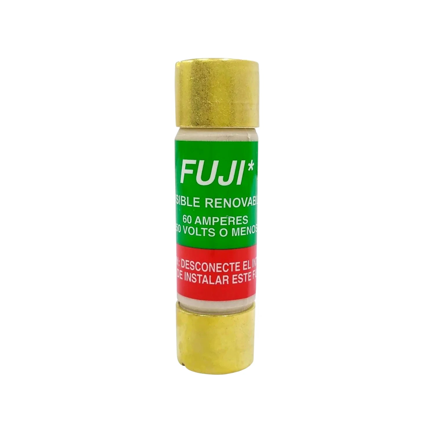 Fusible eléctrico renovable Fuji 60A 50V, cuerpo blanco con etiqueta verde y terminales doradas