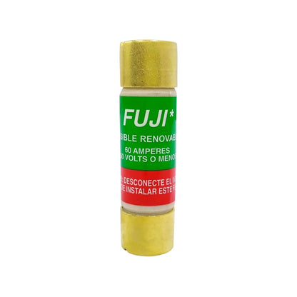 Fusible eléctrico renovable Fuji 60A 50V, cuerpo blanco con etiqueta verde y terminales doradas
