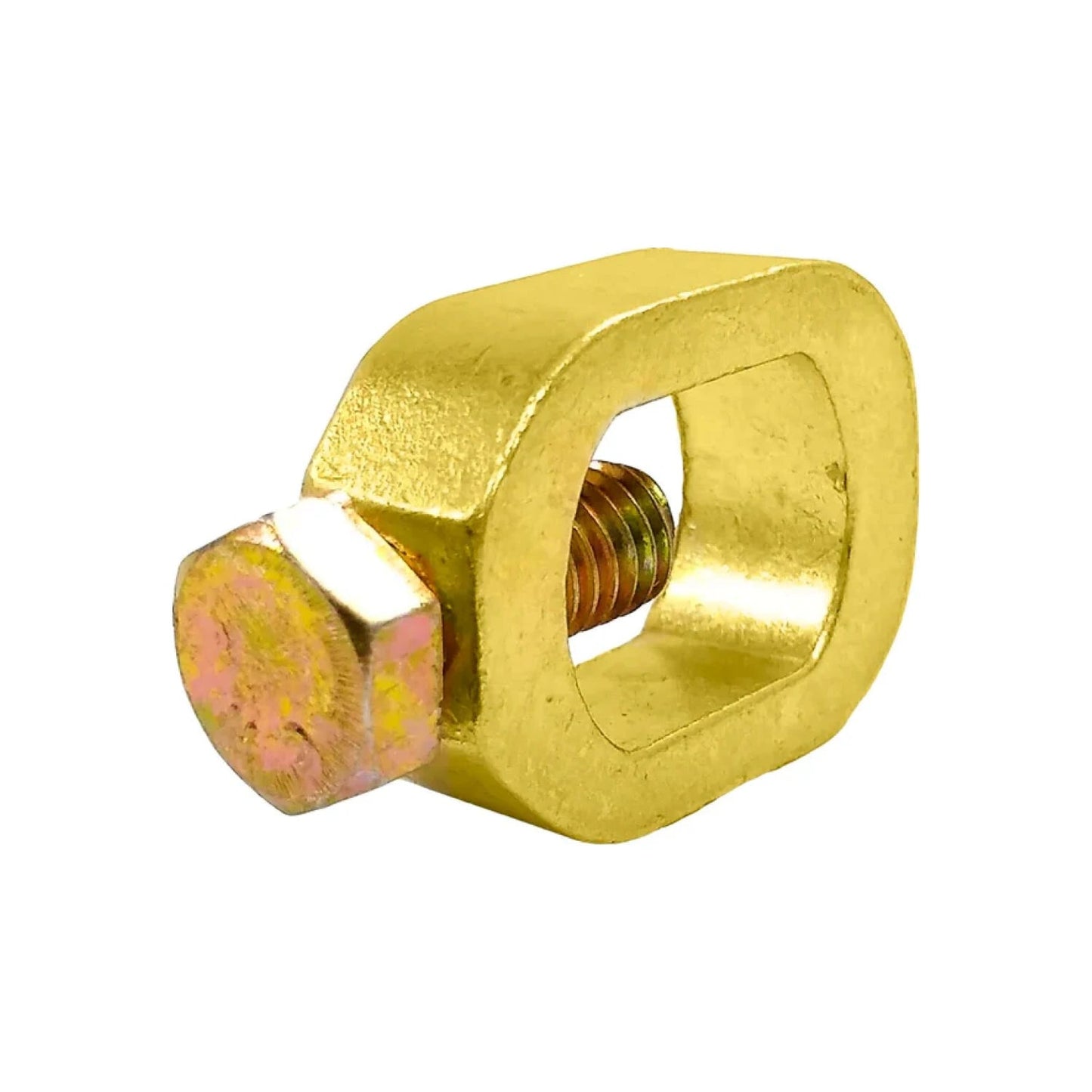 Conector de varilla tipo abrazadera de latón amarillo con perno hexagonal, ideal para conexiones robustas.