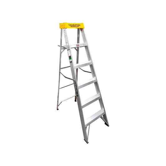 Escalera de tijera de aluminio Escalumex de 5 peldaños con bandeja superior amarilla Workcap para trabajo