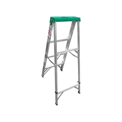 Escalera de tijera aluminio 3 peldaños con plataforma superior verde para trabajo doméstico