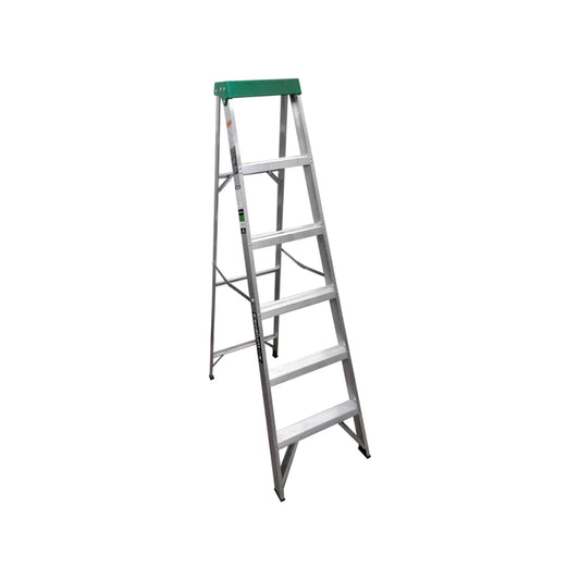 Escalera tijera Escalumex de aluminio con 5 peldaños, tope superior verde, uso profesional.