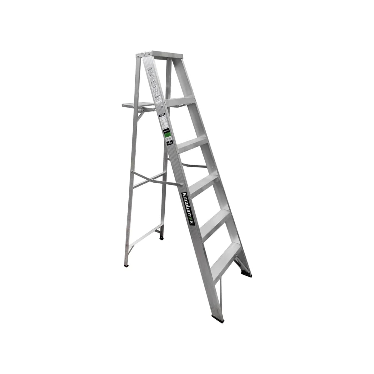 Escalera de tijera Escalumex de aluminio plateado con 5 peldaños, estructura plegable y base antideslizante.