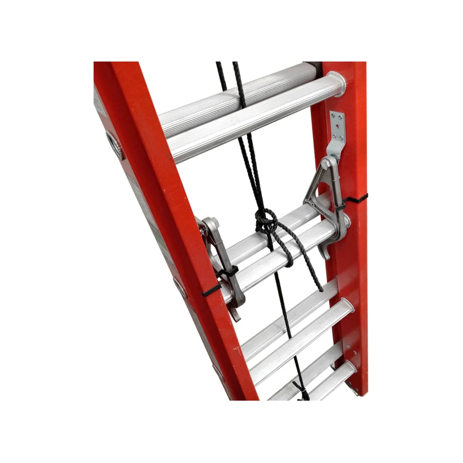 Escalera de extensión roja de fibra de vidrio, peldaños antideslizantes, con cuerda de elevación.