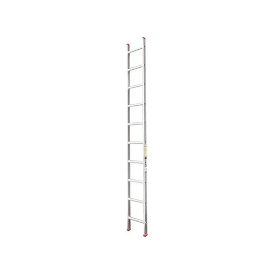 Escalera recta de aluminio 10 peldaños (3.09m) con topes rojos para trabajos en altura.