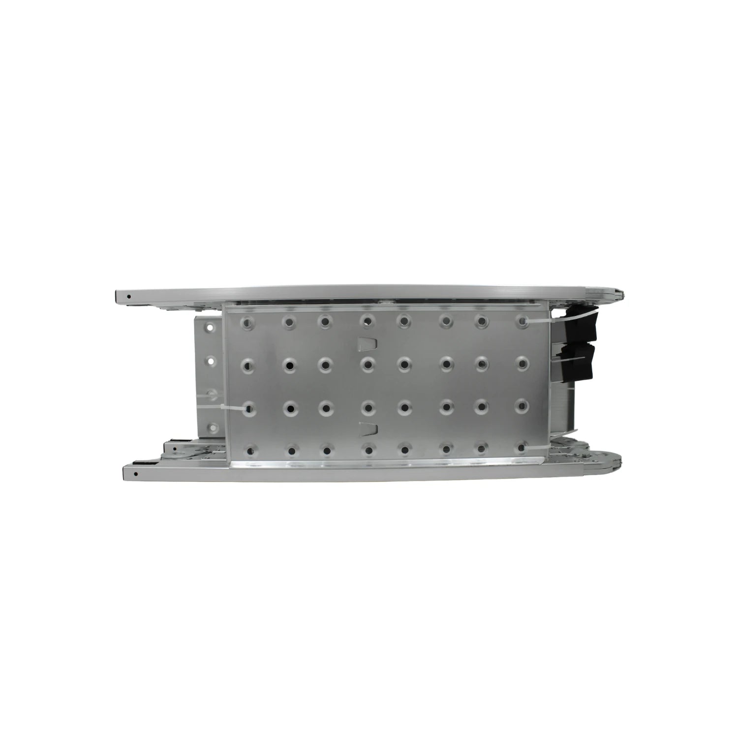 Componente de escalera plegable de aluminio, sección perforada con rieles y ajustes, acabado metálico gris.