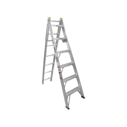 Escalera de tijera de aluminio Akron de 6 peldaños con plataforma amarilla y diseño plegable profesional.