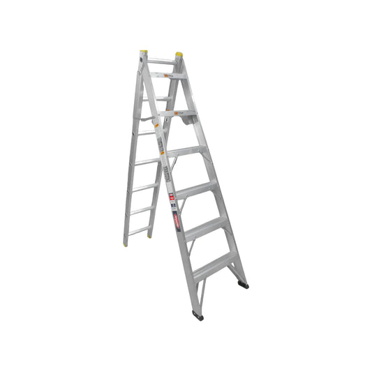 Escalera de tijera de aluminio Akron de 6 peldaños con plataforma amarilla y diseño plegable profesional.
