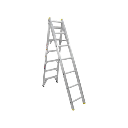 Escalera de tijera de aluminio doble acceso con peldaños reforzados y topes de seguridad amarillos.